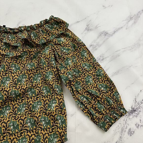 J.Crew Womens Off Shoulder Ratti Top Size M Yellow Green Elephants Ruffle Button - Picture 3 of 12